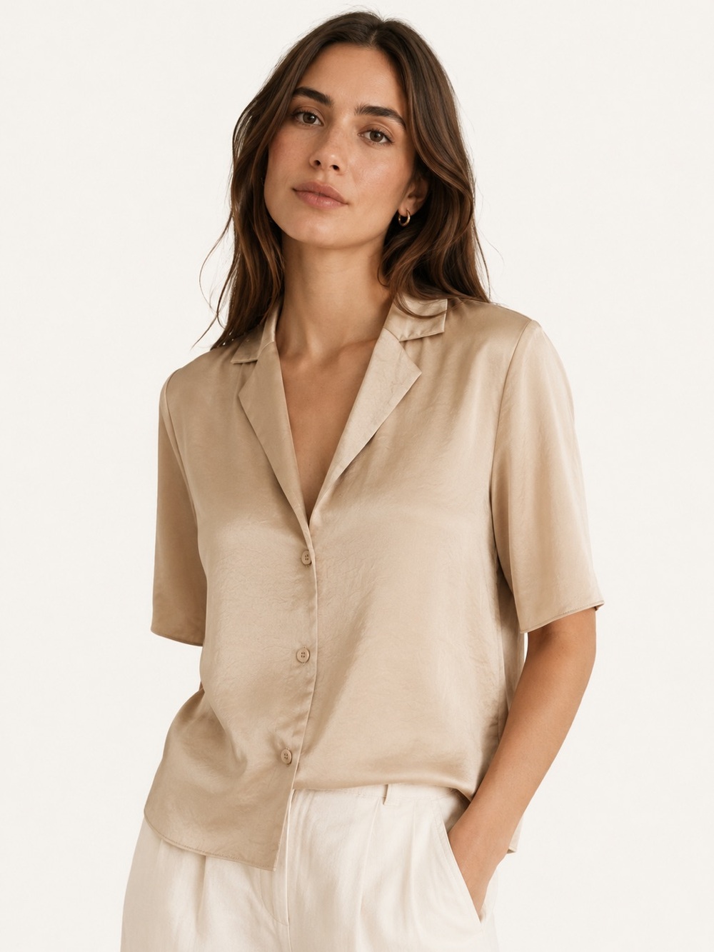 Aritzia Wilfred Beso Satin Shirt Copper Glossy Button Up M
